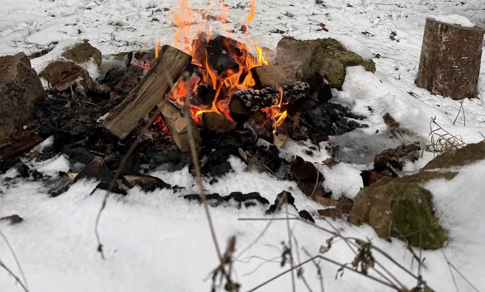 Płomień ogniska na śniegu w OAZEN